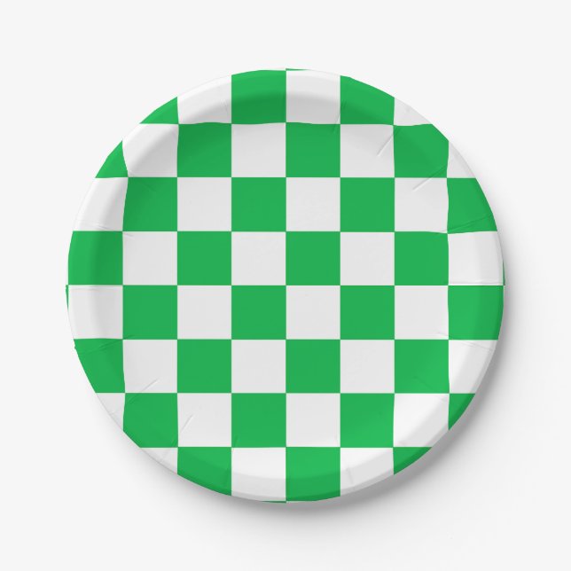 Green White Checkered Check Pattern Paper Plates (Front)