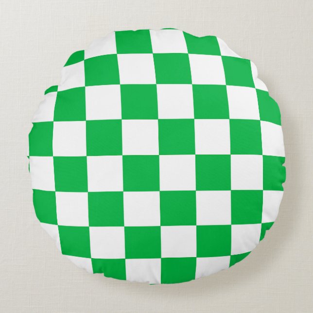 Green White Checkered Check Pattern Round Pillow (Front)
