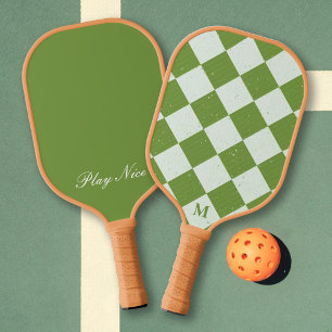 Green White Checkered Pattern Monogram Play Nice Pickleball Paddle