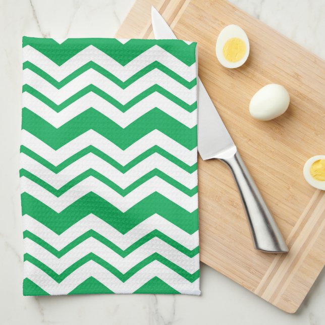Green White Chevron Zigzag Pattern Design  Kitchen Towel (Quarter Fold)