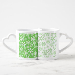GREEN & WHITE CHRISTMAS HOLIDAY SNOWFLAKES COFFEE MUG SET