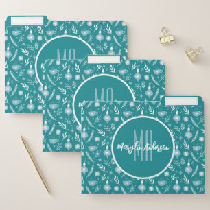 GREEN & WHITE CHRISTMAS ORNAMENTS CUSTOM MONOGRAM FILE FOLDER