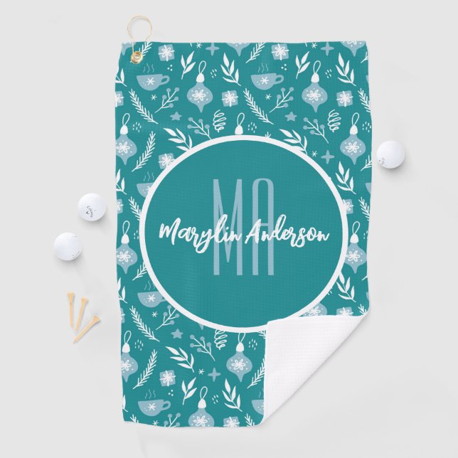 GREEN & WHITE CHRISTMAS ORNAMENTS CUSTOM MONOGRAM GOLF TOWEL (InSitu)