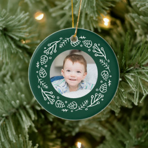 Green & White Christmas Pinecone Wreath Photo Ceramic Ornament