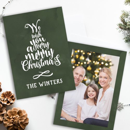 Green  White Christmas Tree Lettering Photo  Holiday Card