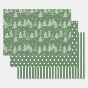 Green White Christmas Trees Polka Dots Stripe Wrapping Paper Sheets