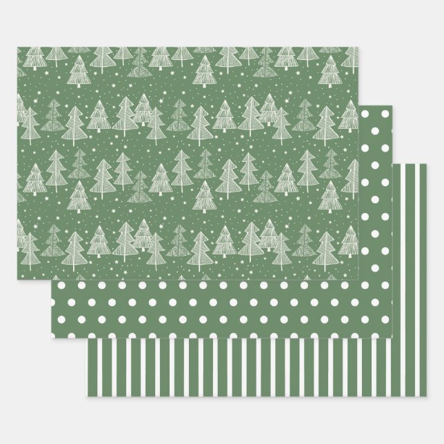 Green White Christmas Trees Polka Dots Stripe Wrapping Paper Sheets (Set)