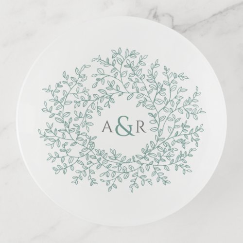 Green white circle leaf monogram drawing couple trinket tray