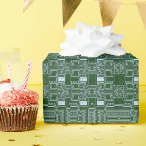 Green White Computer Circuit Board Lines Wrapping Paper
