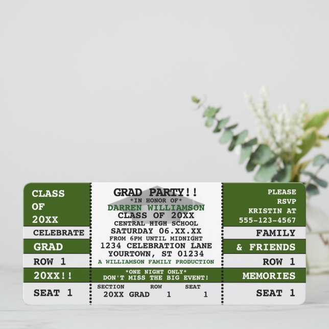 Green|White Concert Ticket Grad Party Invitation (Standing Front)