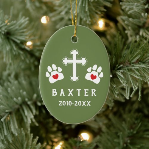 Green White Cross Paw Prints No Photo Pet Memorial Ceramic Ornament