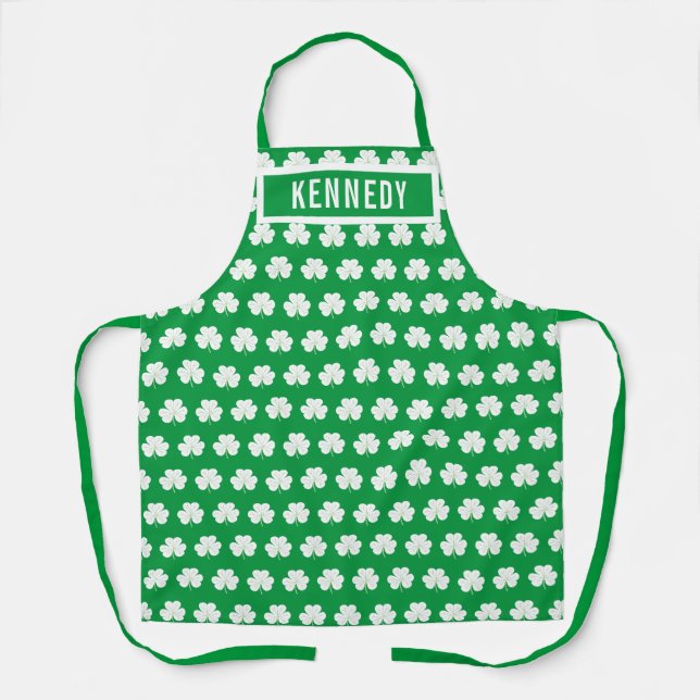 Green White Custom Name Shamrock Clover Pattern Apron (Front)