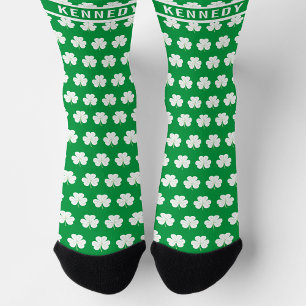 Green White Custom Name Shamrock Clover Pattern Socks