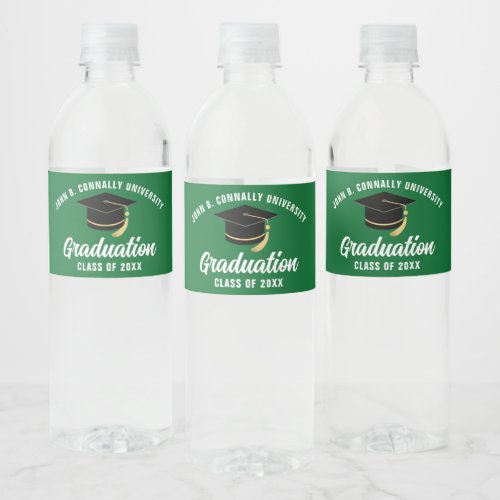 Green White Custom School 2024 Graduation Party Water Bottle Label