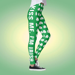 Green White Custom Text Shamrock Clover Pattern Leggings