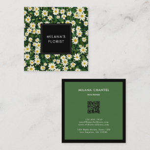 Green White Daisy Modern Boho Flower Florist Square Business Card