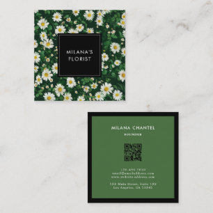 Green White Daisy Modern Boho Flower Florist Square Business Card
