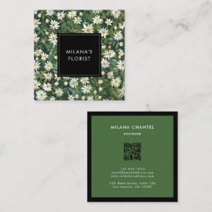 Green White Daisy Modern Boho Flower Florist Square Business Card