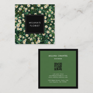 Green White Daisy Modern Boho Flower Florist Square Business Card