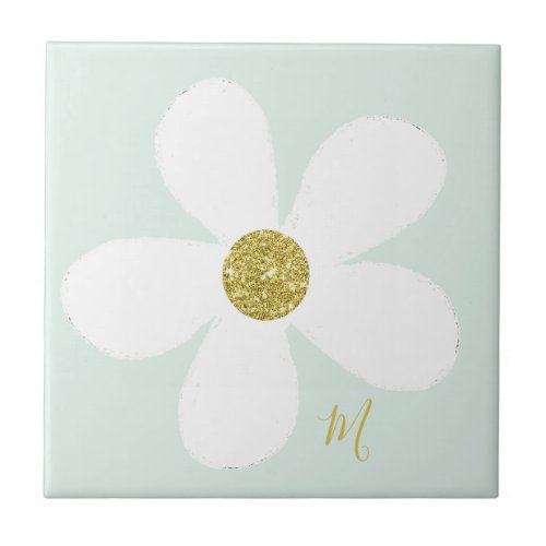 Green White  Daisy Simple Floral Gold Personal Ceramic Tile