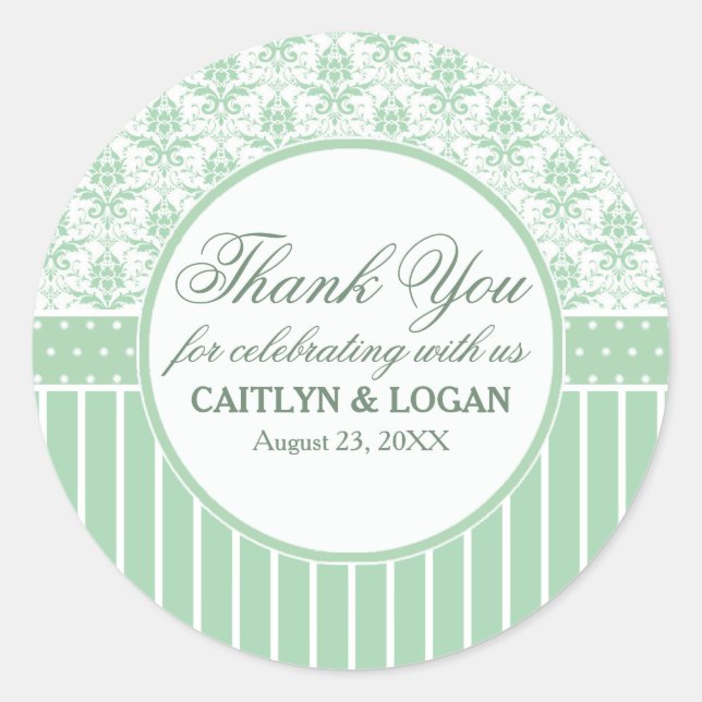 Green White Damask and Stripes Wedding Favor Seal (Front)