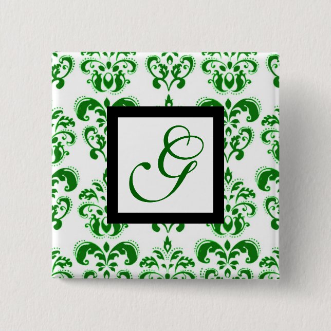 GREEN WHITE DAMASK BLACK SQUARE MONOGRAM BUTTON (Front)