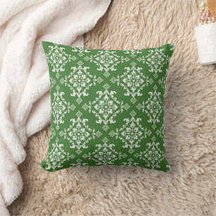 Green White Damask Floral Tile Pattern Throw Pillow