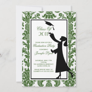 Green & White Damask Graduation Invitation Grad