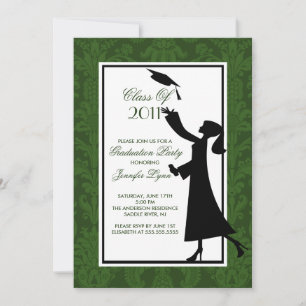 Green & White Damask Graduation Invitation Grad