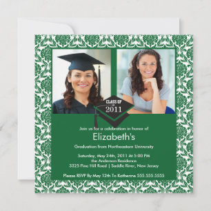 Green & White Damask Photo Graduation Invitation