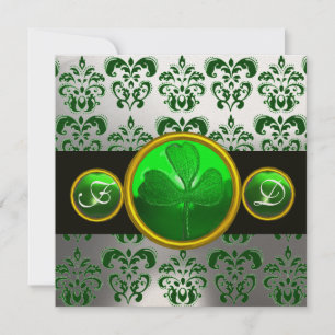 GREEN WHITE DAMASK ,SHAMROCK MONOGRAM,Black Invitation