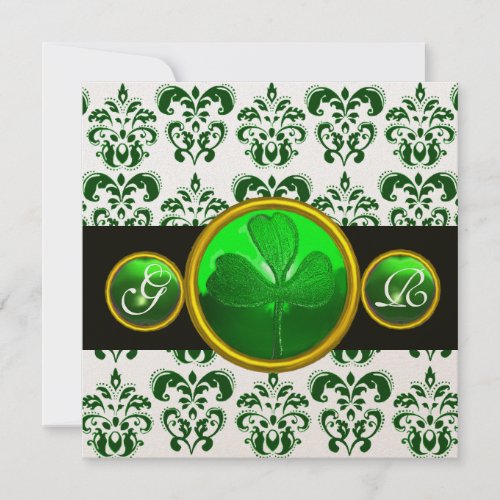 GREEN WHITE DAMASK SHAMROCK MONOGRAM Champagne Invitation