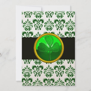 GREEN WHITE DAMASK WITH SHAMROCK Black Champagne Invitation