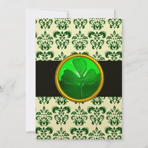 GREEN WHITE DAMASK WITH SHAMROCK Black Gold Invitation