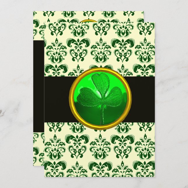 GREEN WHITE DAMASK WITH SHAMROCK Black Silver Invitation (Front/Back)