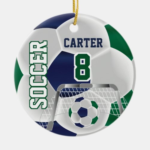 Green White  Dark Blue Personalize Soccer   Ceramic Ornament