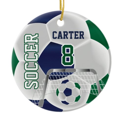 Green, White &amp; Dark Blue Personalize Soccer  ⚽ Ceramic Ornament
