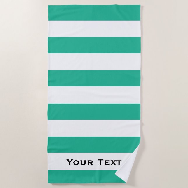 Green & White Deckchair Stripes Personalised Beach Towel (Front)