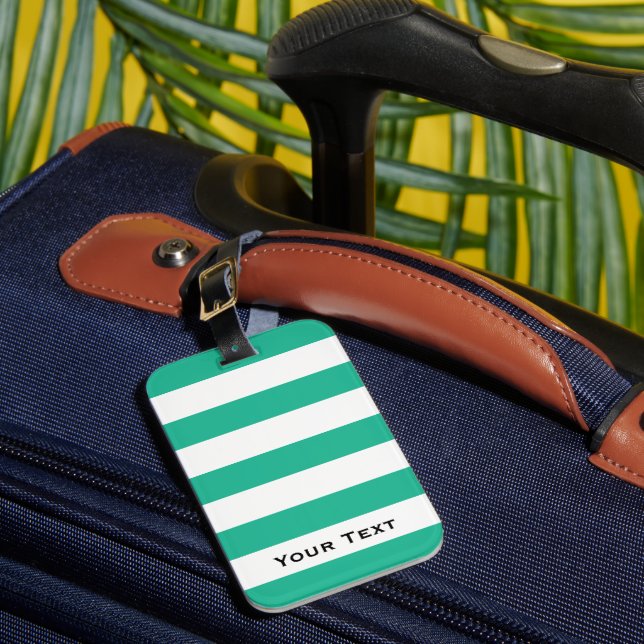 Green & White Deckchair Stripes Personalised Luggage Tag (Front Insitu 1)
