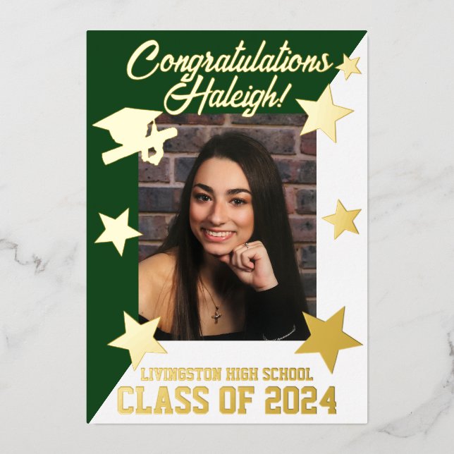 Green & White, Diagonal Graduation Gold Foil Invitation (Front)