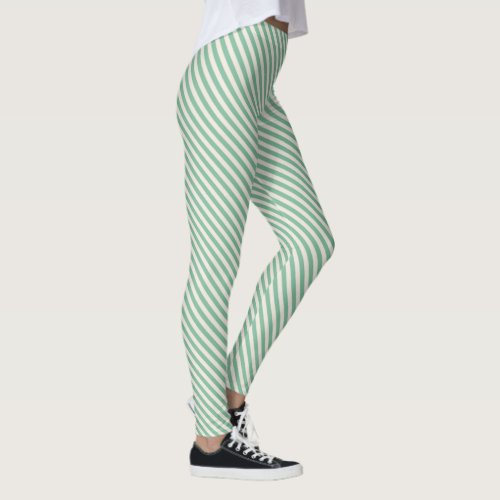 Green White Diagonal Stripes Pattern Leggings