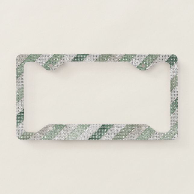 Green White Diagonal Stripes Sparkle License Plate Frame (Front)