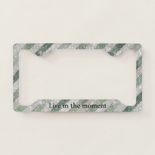 Green White Diagonal Stripes Sparkle License Plate Frame (Front)