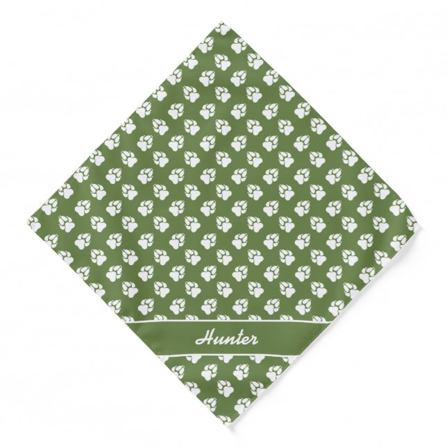 Green & White Dog Paw Print Pattern & Custom Name Bandana (Front)
