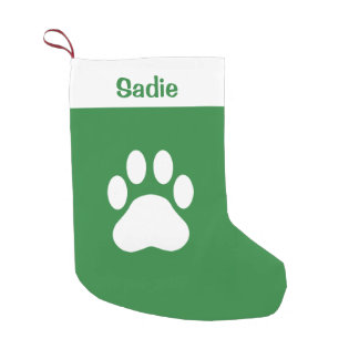 Green &amp; White Dog Paw Silhouette With Custom Name Small Christmas Stocking