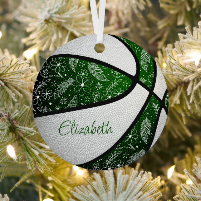 green white doodle flowers paislies basketball metal ornament (Insitu)