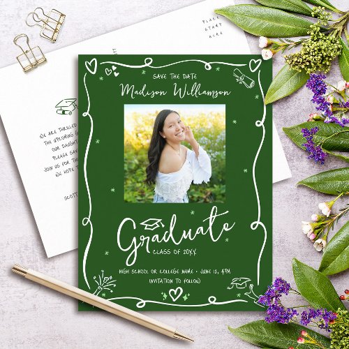 Green White Doodles Graduation Save the Date Photo