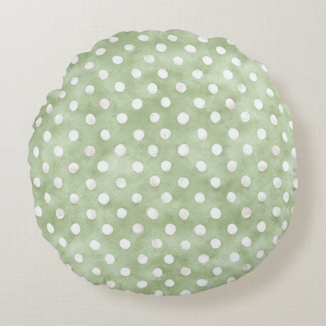 Green White Dots Stripes Round Pillow (Front)