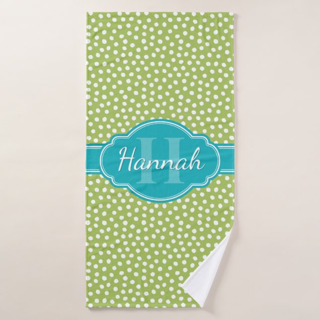 Green White Dotted Pattern Teal Monogram Bath Towel (Bath Towel)