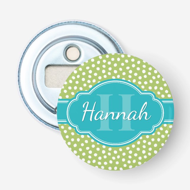 Green White Dotted Pattern Teal Monogram Bottle Opener (Front)